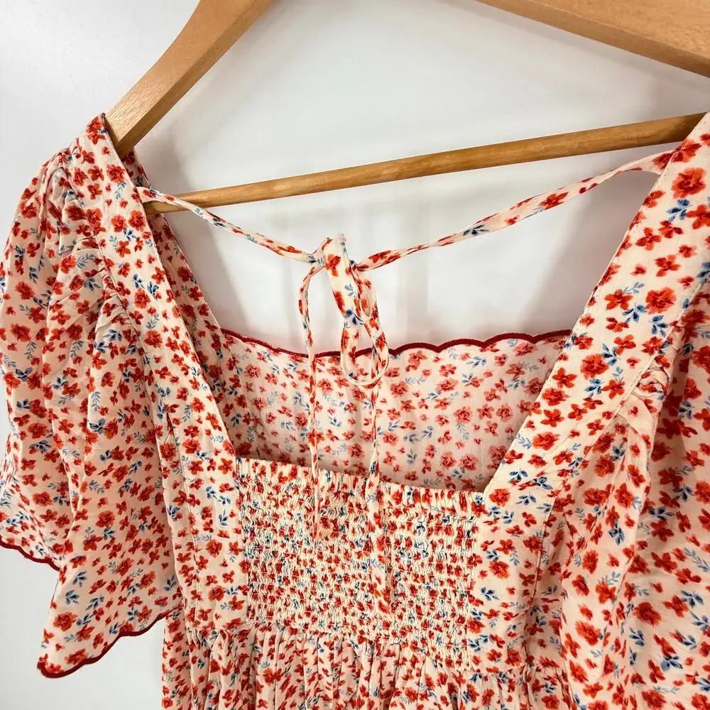 Old Navy Floral Babydoll Top Red Blue Medium Cottagecore Coastal Summer